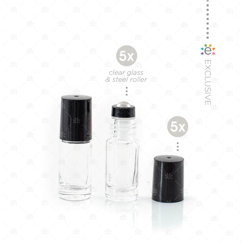 Heldere 5 ml Rollers met Plastic Dop & Premium RVS Tops - Zwart (5 stuks)